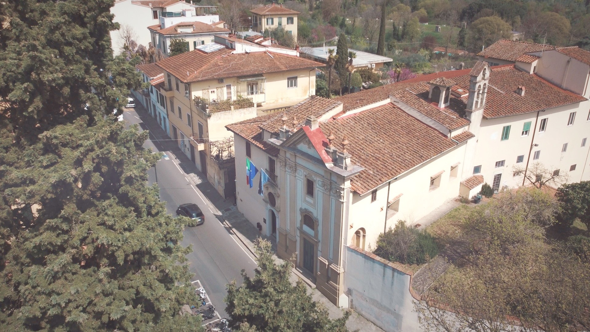 The Florence Headquarters and the Church of Santa Maria del Suffragio al Pellegrino seen from above