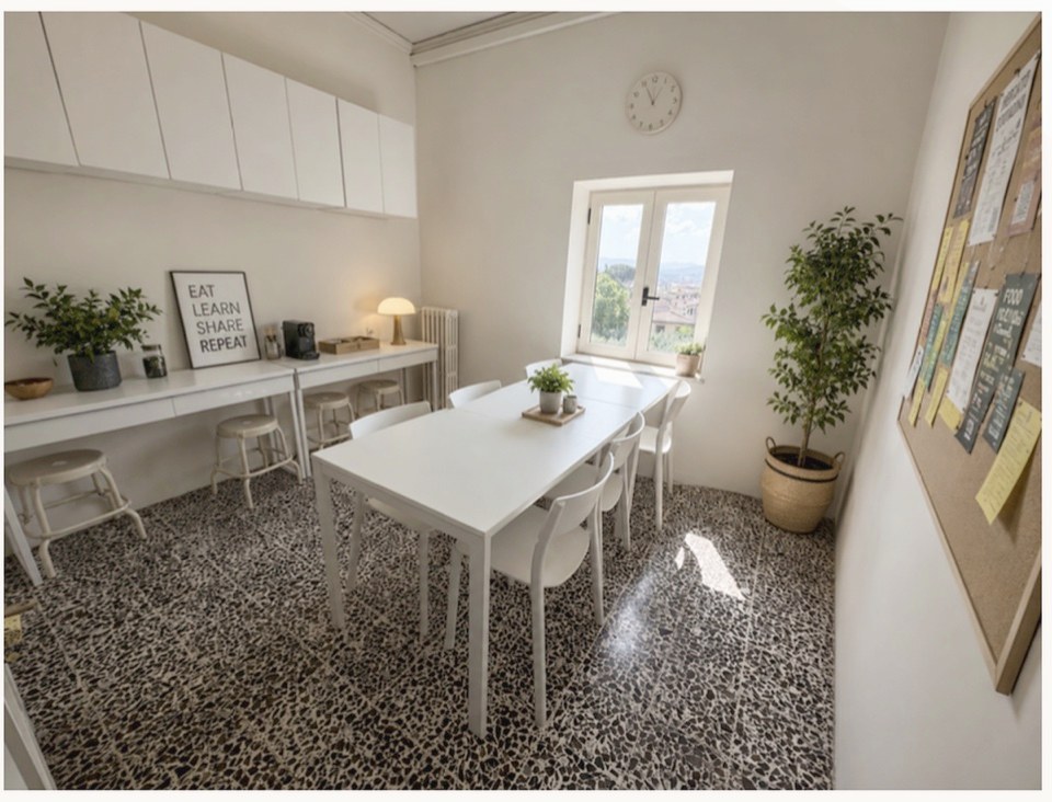 The shared kitchen and dining area of a residence