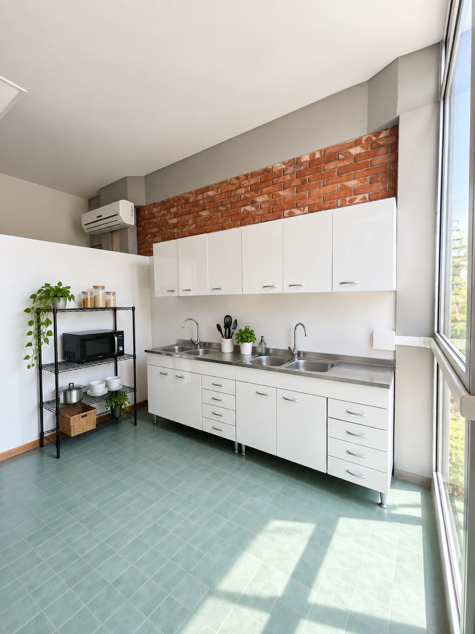 A residence kitchen with green floor and window light
