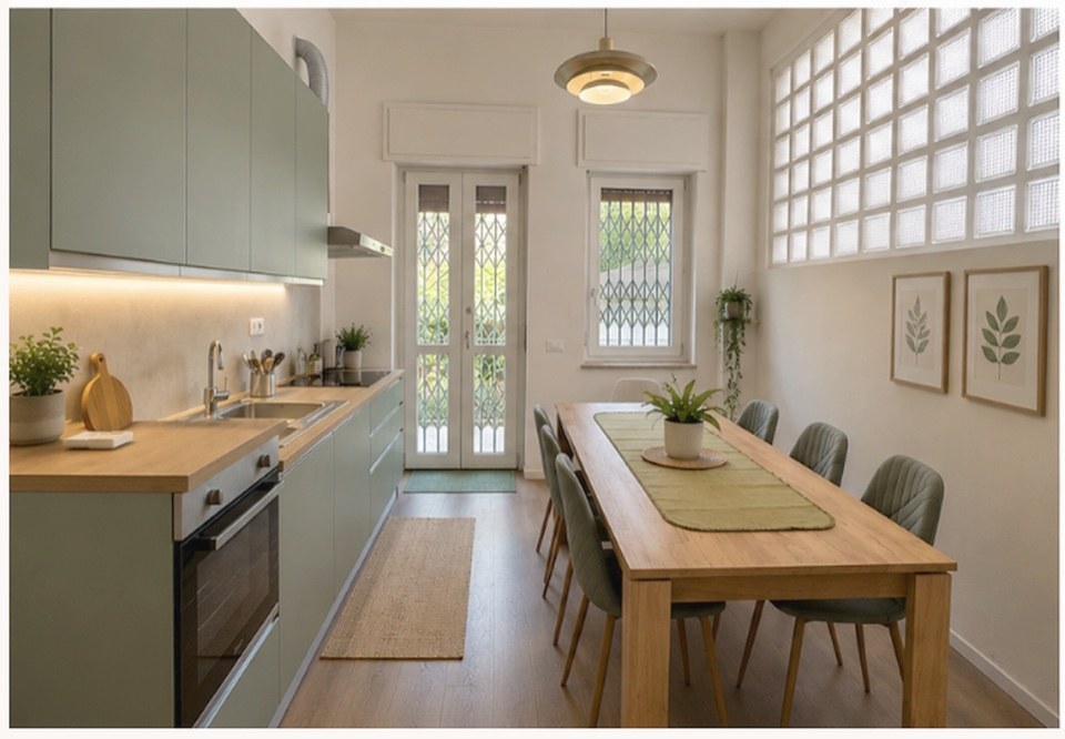 A residence kitchen with a long shared dining table