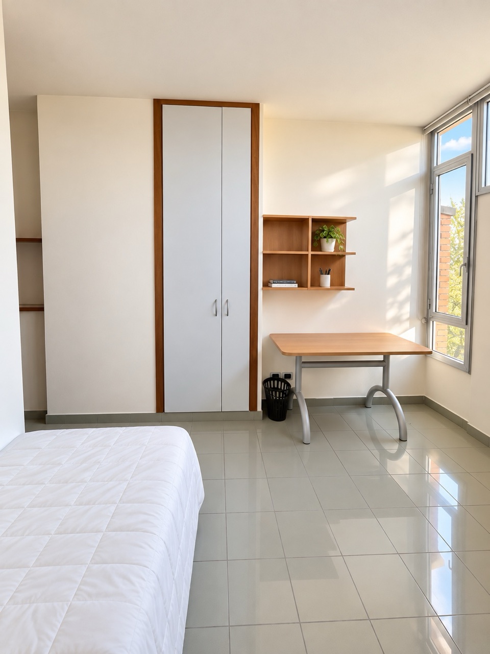 A single residence room with wardrobe and desk