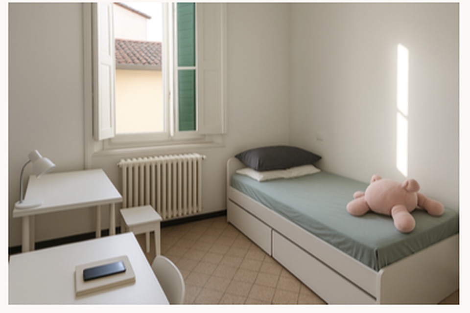 A single room in a Unicollege residence, with desk and window