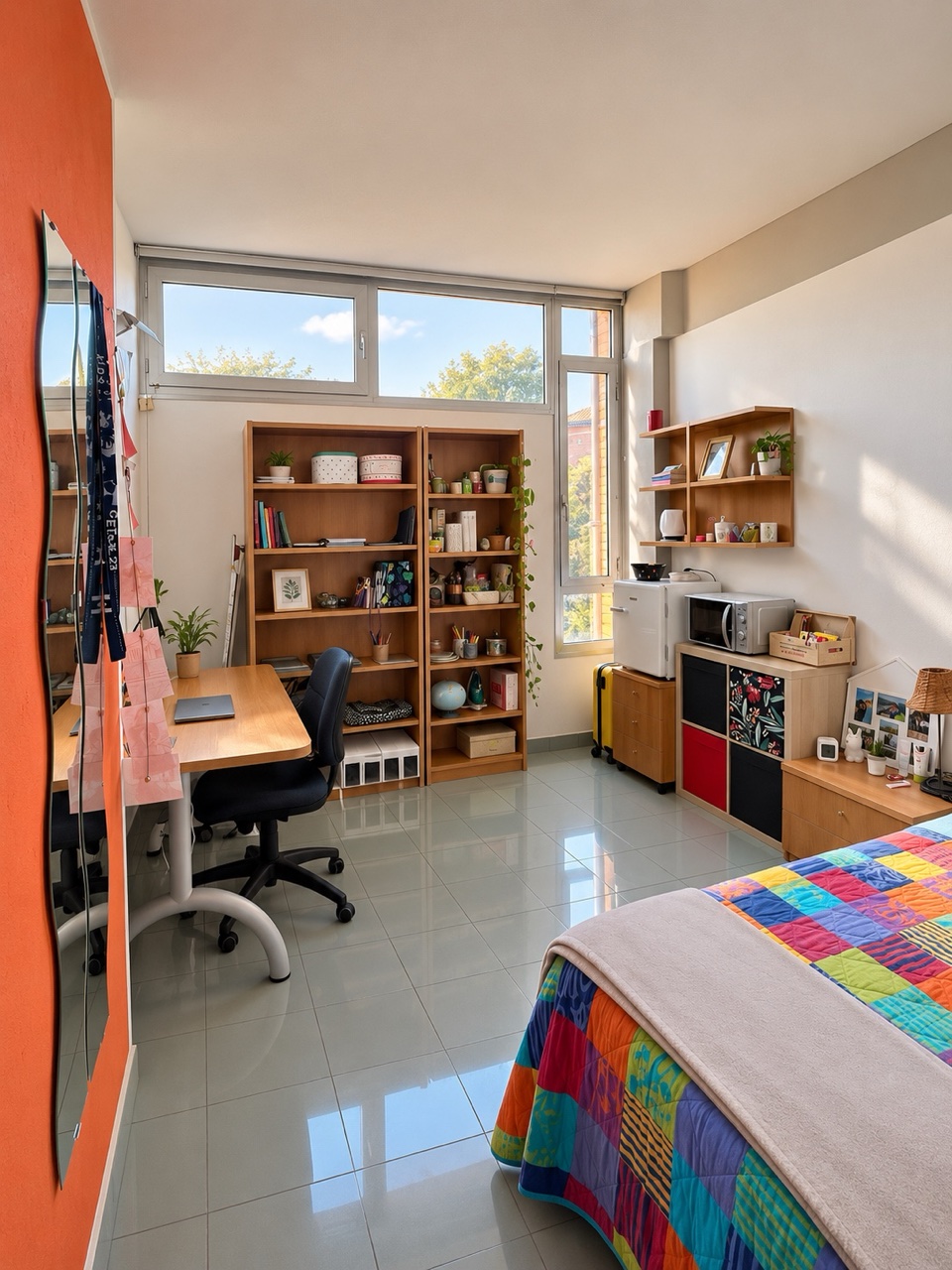 A residence study room with shelves and a bright window