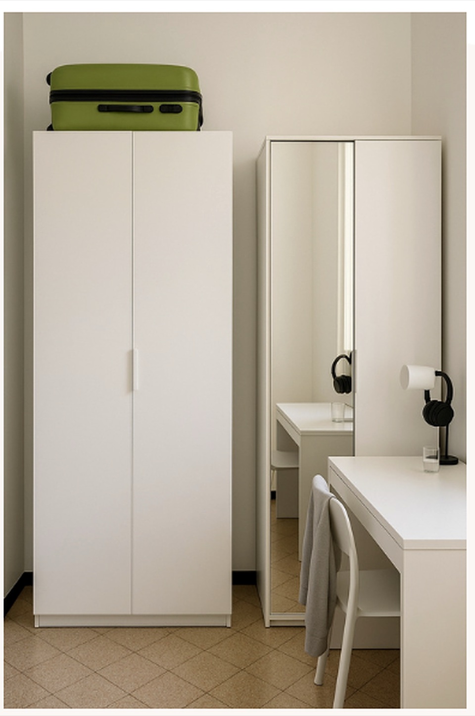 A residence room with wardrobe, desk and mirror